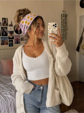 Women’s Crochet Triangle Bandana Head piece w/Yellow Smiley Flowers - Lavender